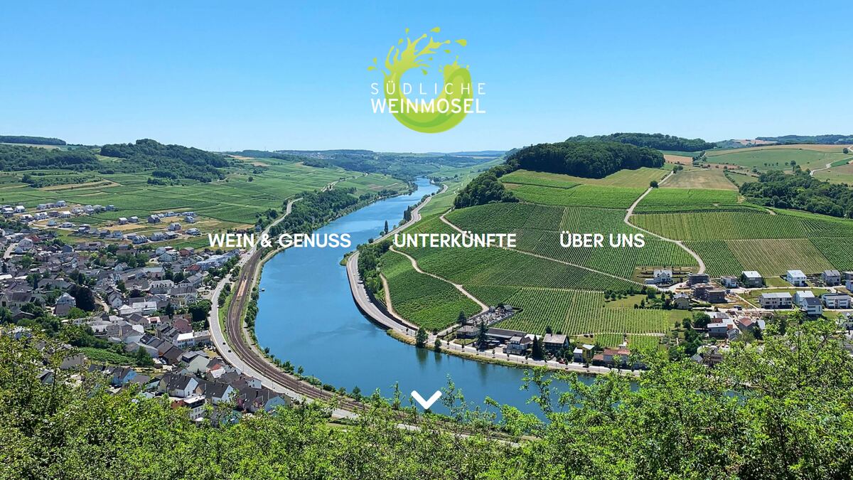 Startseite der Südlichen Weinmosel: Blick über eine Moselschleife mit Weinbergen, darüber das Logo des Vereins.